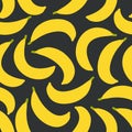 Banana fruit pattern on dark. Bright beautiful citrus seamless background. Vector illustration in flat