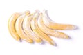 Banana fruits wrapped in stretch wrap plastic isolated background, minimalistic creative layout