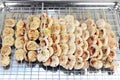 Banana grill Dessert menu easy at street foods market in Thailand, Banana grill in sieve tray, Grilled Banana fruit is Healthy