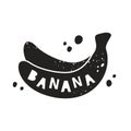 Banana grunge sticker. Black texture silhouette with lettering inside. Imitation of stamp, print with scuffs