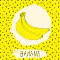 Banana hand drawn sketched fruit with leaf on background with dots pattern. Doodle vector banana for logo, label, brand identity