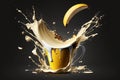 Banana healthy smoothie drops falling in glass. Healthy summer drink, berry milkshake or smoothie illustration generative ai