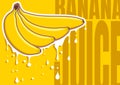 Banana juice flows from the fruit. Four bananas of different shapes on a yellow background. Typography and vector fruits