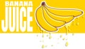 Banana juice flows from the fruit. Four bananas of different shapes on a yellow background. Typography and vector fruits