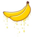 Banana juice flows from the fruit. Four bananas of different shapes on a yellow background. Vector fruits