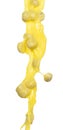 Banana juice flying fall down, yellow banana chopped slice juice wave explode. Yellow paint color splash throwing in Air. White Royalty Free Stock Photo