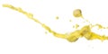 Banana juice flying fall down, yellow banana chopped slice juice wave explode. Yellow paint color splash throwing in Air. White Royalty Free Stock Photo