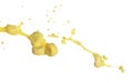 Banana juice flying fall down, yellow banana chopped slice juice wave explode. Yellow paint color splash throwing in Air. White Royalty Free Stock Photo