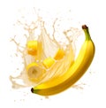 Banana with juice splash on white background, summer fruits concept, realistic design illustration, generative ai Royalty Free Stock Photo
