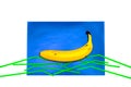 Banana, juice with straw on a blue background. The straw lies on a blue background in the form of a sail and waves