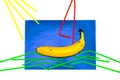 Banana, juice with straw on a blue background. The straw lies on a blue background in the form of a sail and waves