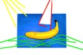 Banana, juice with straw on a blue background. The straw lies on a blue background in the form of a sail and waves