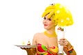 Banana lady with tray of snacks and creamy cocktail Royalty Free Stock Photo