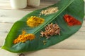 Banana leaf with colorful spices