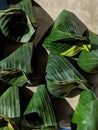 A banana leaf use to wraping a food in tray