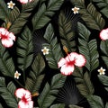 Banana leaves hibiscus seamless black backgorund Royalty Free Stock Photo