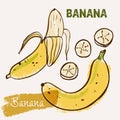 Banana line art and color hand-drawn vector illustration. Rough crayon strokes doodle in an expressive loose coloring book style Royalty Free Stock Photo