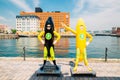 Banana man sculpture and sea at Mojiko retro town in Japan