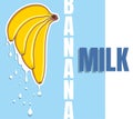 Banana milk flows from the fruit. Four bananas of different shapes on a blue background. Typography and vector fruits