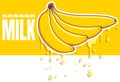 Banana milk flows from the fruit. Four bananas of different shapes on a yellow background. Typography and vector fruits