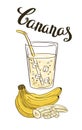 Banana milkshake in a glass with slices of fruit. Vector illustration