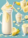 Banana milkshake pour, food, yummy, illustration, strawberries, AI Generated