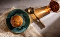 Banana Muffin Cup Cake and Hot Coffee on the Table Royalty Free Stock Photo