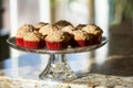 Banana Muffins in red paper cup on cake stand on kitchen counter