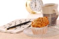 Banana nut muffin with alarm clock Royalty Free Stock Photo