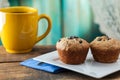 Banana Nut Muffin Served With Coffee For Breakfast On Vintage Ru Royalty Free Stock Photo