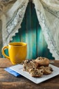 Banana Nut Muffin Served With Coffee For Breakfast On Vintage Ru Royalty Free Stock Photo