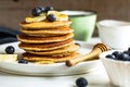 Banana and Oat Pancakes with fresh Blueberry and Banana Royalty Free Stock Photo