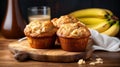 banana muffin on wooden table with blur background