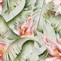 Banana palm blossom in the tropics Watercolor seamless pattern