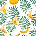 Seamless pattern with palm leaves and banana fruits.