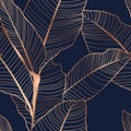 Banana palm tree leaves seamless pattern texture. Copper gold shiny glow outline. Navy dark blue background.