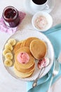 Banana pancakes with honey and caramelized bananas, fruit sorbet Royalty Free Stock Photo