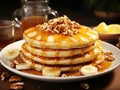 Banana pancakes oatmeal with slices of fresh bananas, walnuts and honey on top on white plate Royalty Free Stock Photo