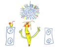 Banana party handdrawn vector illustration. Night club with music. Fun image cartoon style
