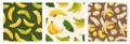 Banana pattern. Seamless print of tropical yellow fruit, ripe organic crop with green leaves, hand drawn exotic nature