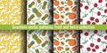 Banana, peach, pineapple, cherry. Seamless pattern set. Juicy fruit and berry collection. Hand drawn color vector sketch Royalty Free Stock Photo