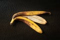 Banana peel. Peel of one overripe banana on a dark textural background close up