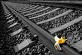 Banana peel on railway. Train Sabotage humoristic conceptual image Royalty Free Stock Photo