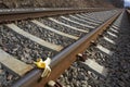 Banana peel on railway. Train Sabotage humoristic conceptual image Royalty Free Stock Photo