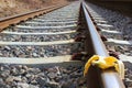 Banana peel on railway. Train Sabotage humoristic conceptual image