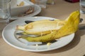 Banana peel on white dish. Royalty Free Stock Photo