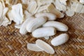 Banana peeled Slice thin, Raw bananas peeled pieces many, Banana pile texture background, Banana peeled row