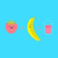 Banana plus strawberry equal fresh glass of juice smoothie shake. Happy fruit set. Cartoon smiling face character with eyes. Royalty Free Stock Photo