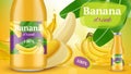 Banana poster. Promotional advertising placard of exotic tropical juice from bananas vector healthy banana drinks