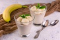 Banana pudding with glasses on a white plate.